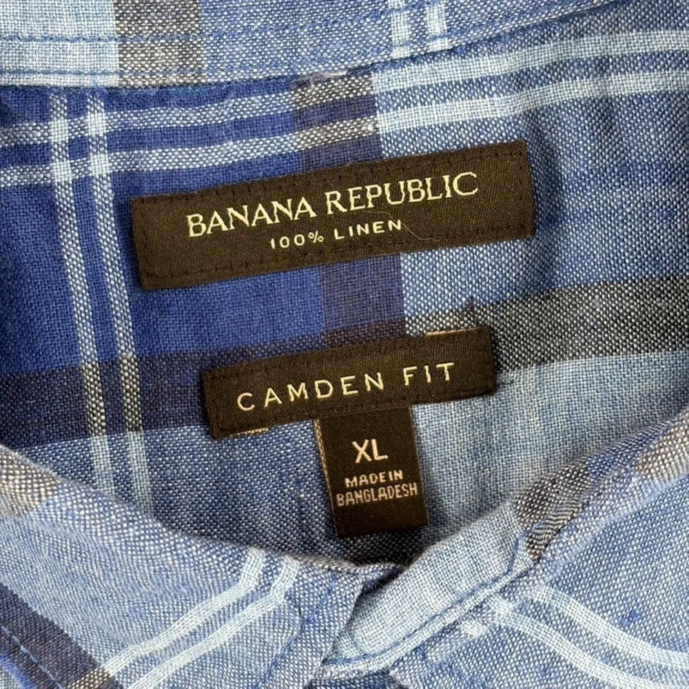 Banana Republic Camden Fit Shirt in Blue Plaid 100% Linen Men XL Short Sleeve